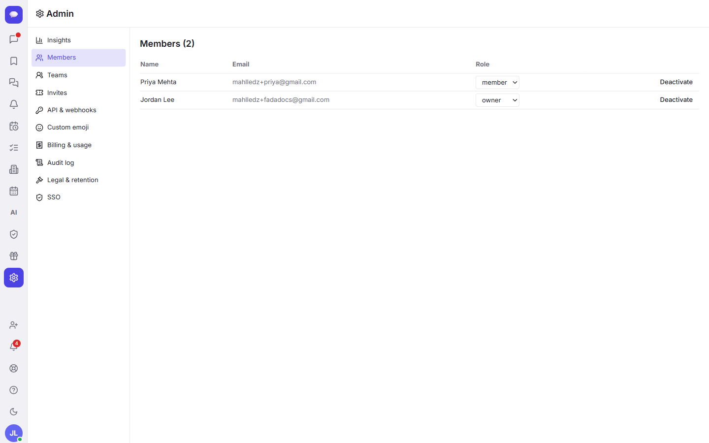 In Admin then Members you can change each person’s role or deactivate them.