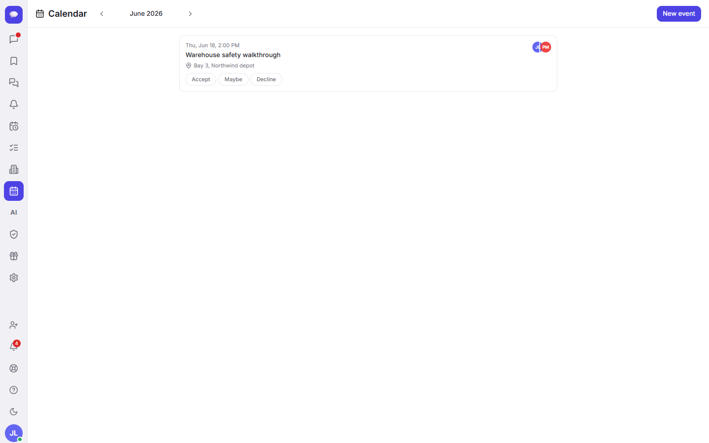 Events show on the calendar with attendee avatars and Accept / Maybe / Decline buttons.