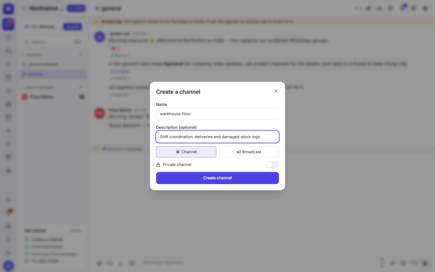 Create a channel: give it a name and description, and choose Channel or Broadcast.