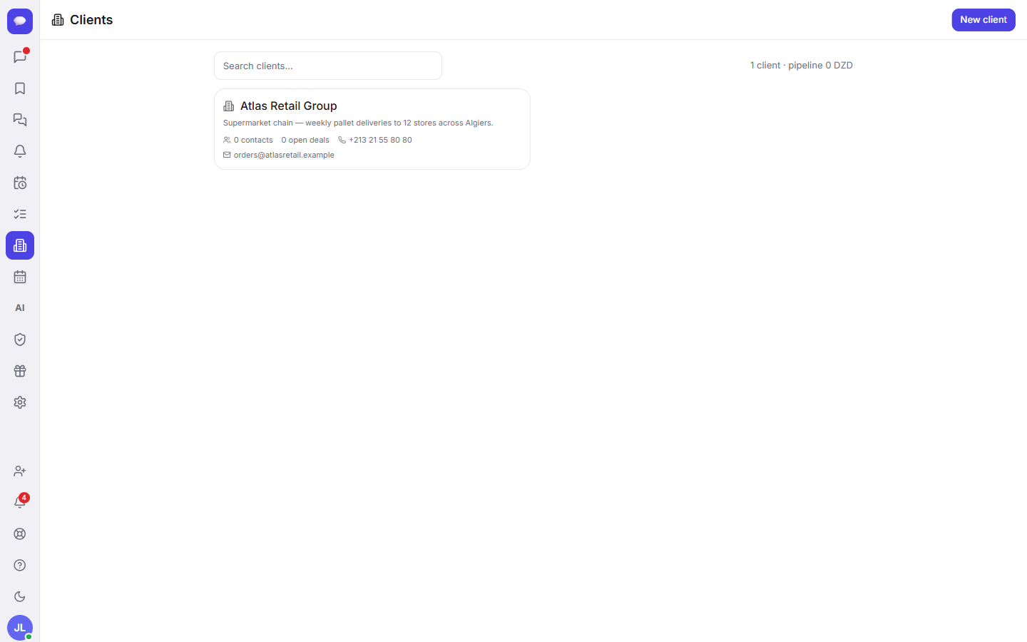 Your clients directory, with contacts, open deals and a pipeline value.