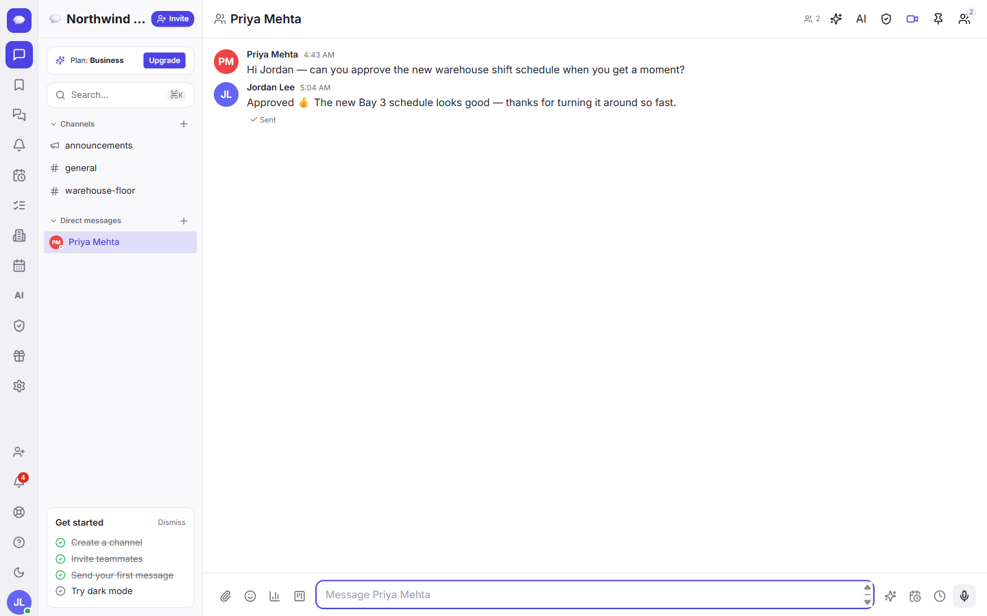 A direct message with a teammate; start a quick call from the video icon in the header.