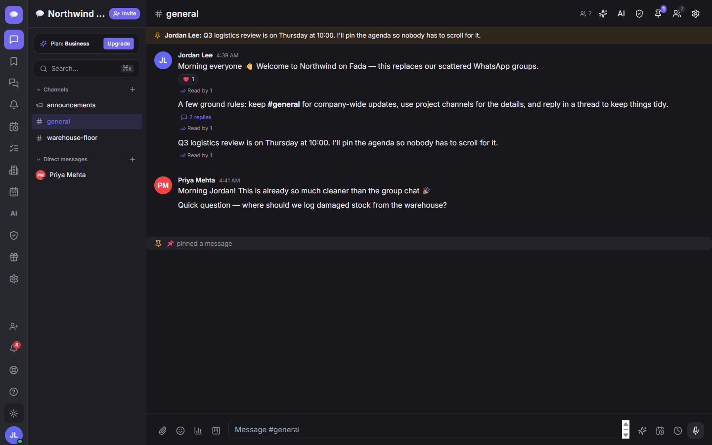 Fada in dark mode — switch any time from the sun/moon icon in the left rail.