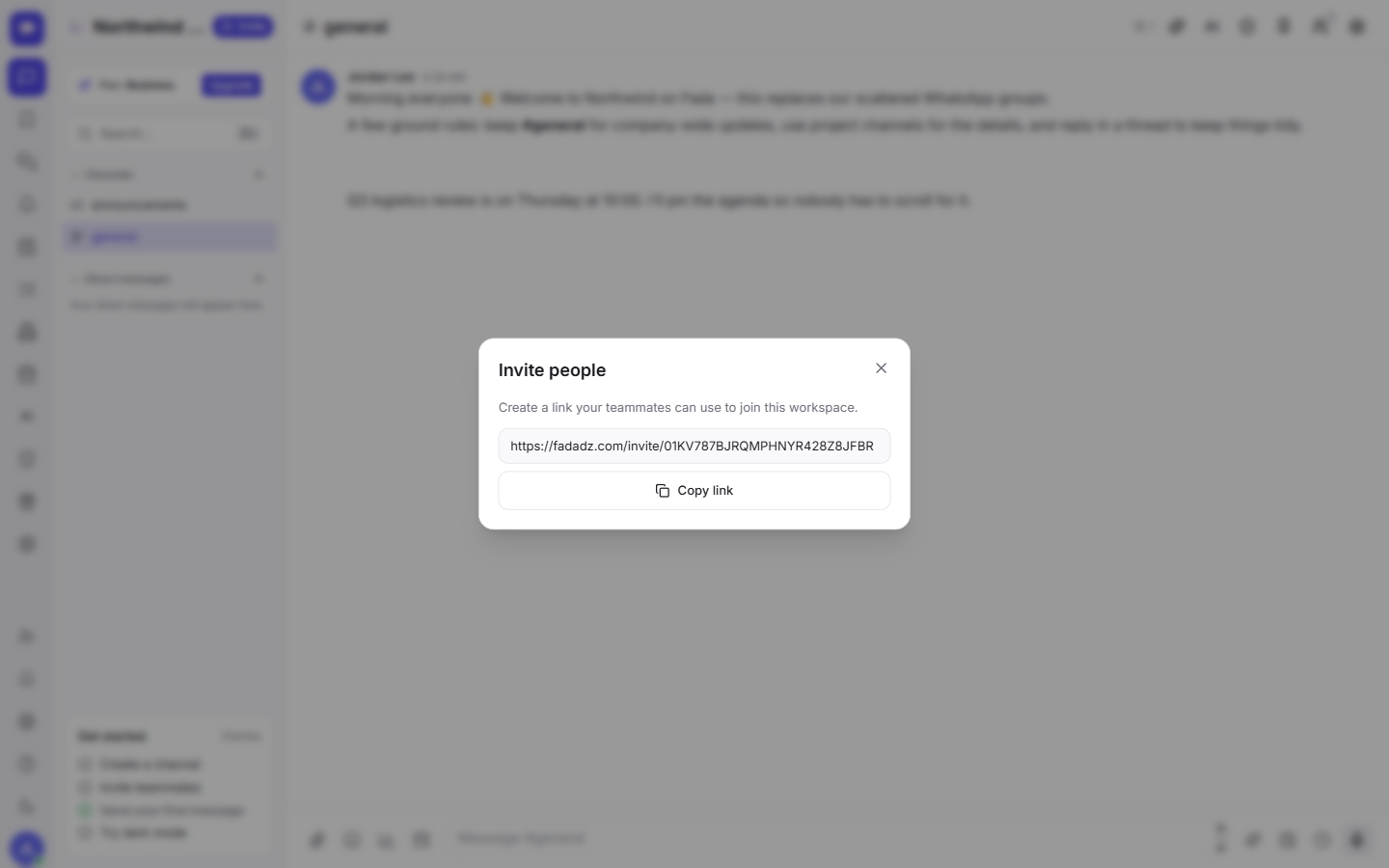 Copy the workspace invite link and share it with your team however you like.