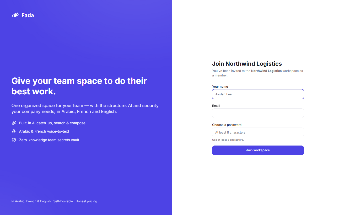 What a teammate sees: they choose a name, email and password to join your workspace.