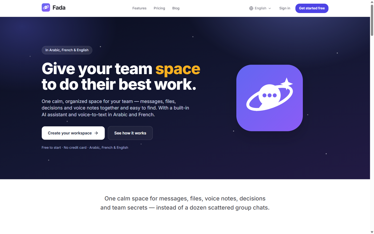 The Fada homepage at fadadz.com — start by selecting Get started free or Create your workspace.