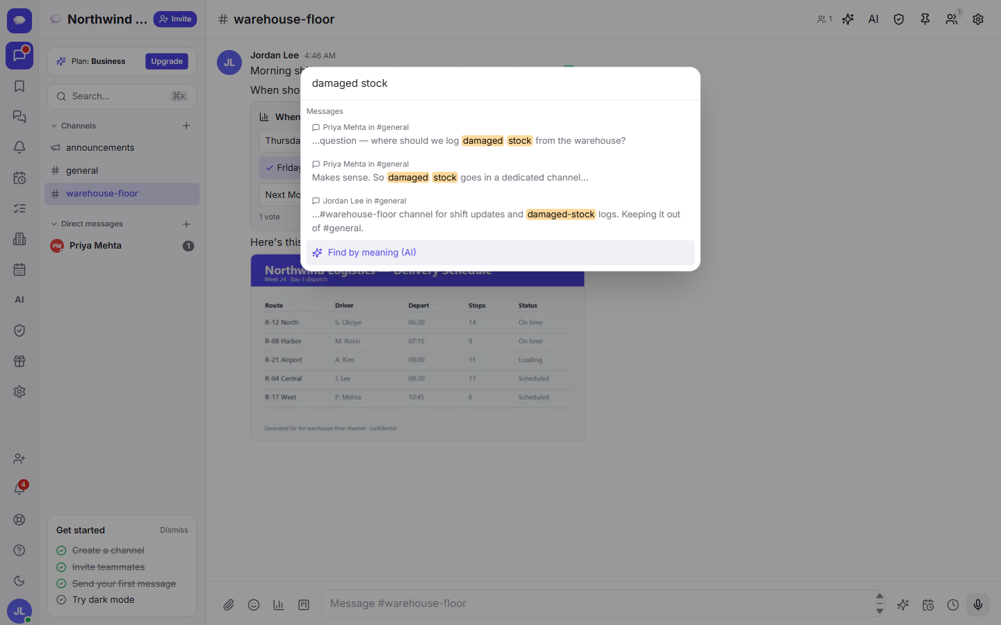 Type to search messages across every channel — matches are highlighted, with a Find by meaning option for AI search.