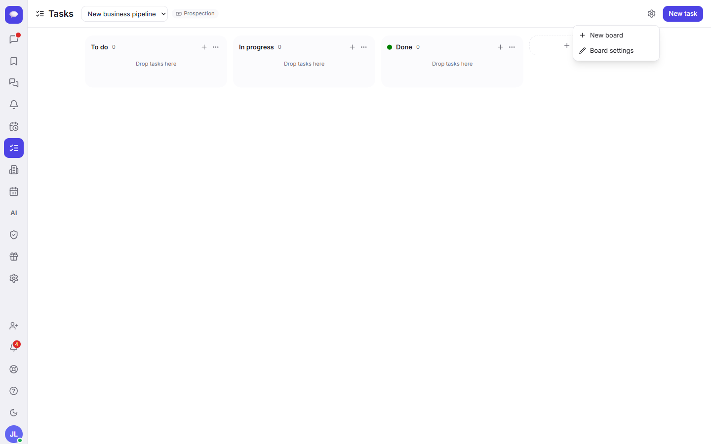 Create different board types: a plain task board, a sales Prospection pipeline, or a Project board.